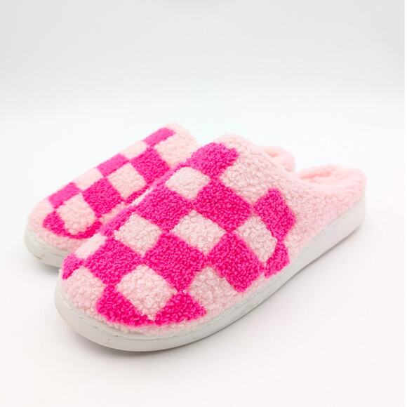 Mia Cozi Faux Fur Check Slide Slippers Backless Women's Pink Size US8M EU39 - Picture 1 of 10